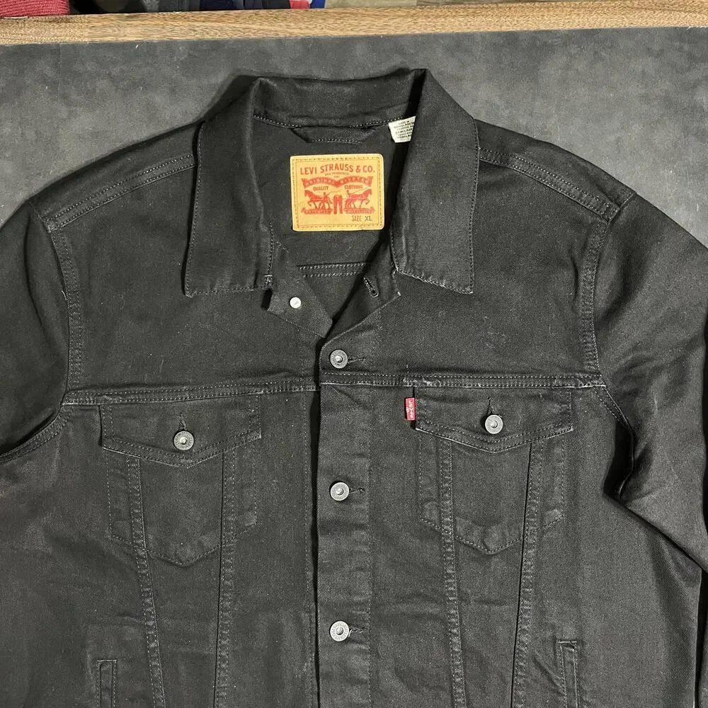 Levi's Black Denim Bomber Jacket Vintage Trucker Donut Button Front Unlined Raw